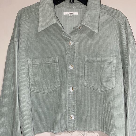 PacSun Greens Cropped Corduroy Jacket Trucker Style 100% Cotton Raw Hem Sz M/L - Picture 2 of 7